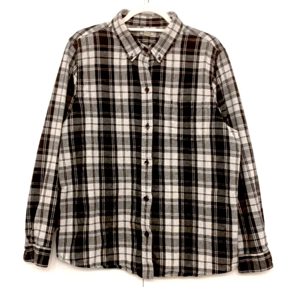 LL Bean Womens Black + Gray Plaid Flannel, XL